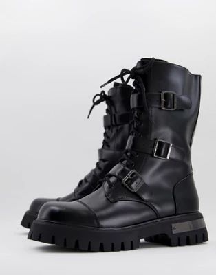 KOI vegan chunky lace up boots with strap detail in black | ASOS (Global)