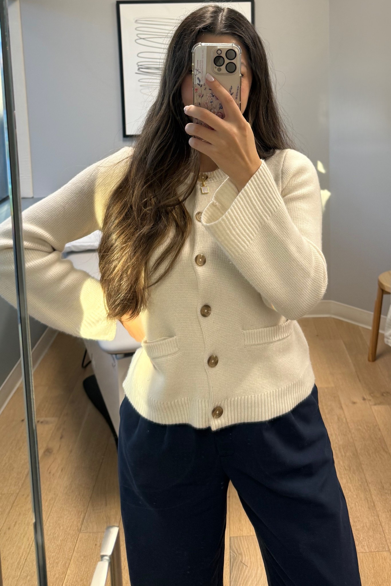 comfy winter office outfit 

Cashmere cardigan - size xs (Quince tends to run oversized) 
Necklace - sophiya 
Navy trousers - Abercrombie 
Nails - press ons from glamnetic

#LTKFindsUnder100 #LTKWorkwear