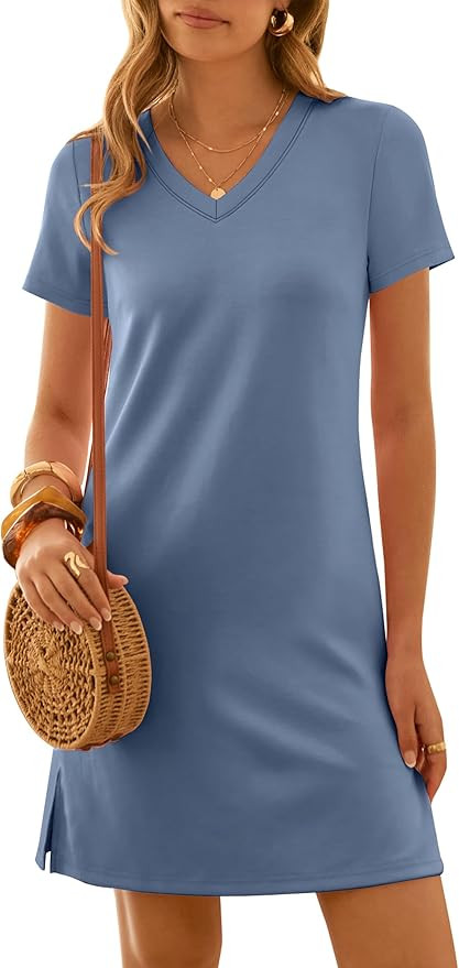 ANRABESS Summer Dress for Women 2026 Beach Vacation Clothes Short Sleeve V Neck Casual T Shirt Su... | Amazon (US)