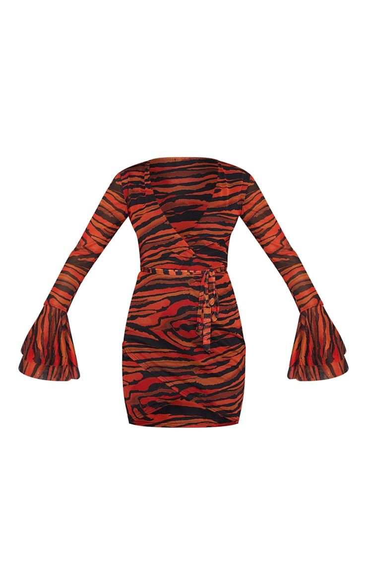 Orange Zebra Print Mesh Flared Sleeve Tie Waist Bodycon Dress | PrettyLittleThing US