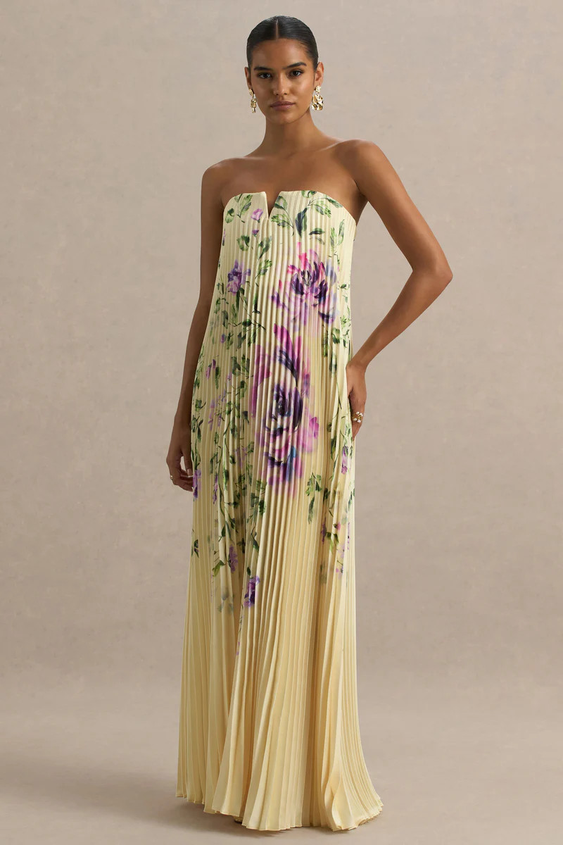 Bergamot | Lemon Rose Print Satin Sweetheart Maxi Dress | Club L London