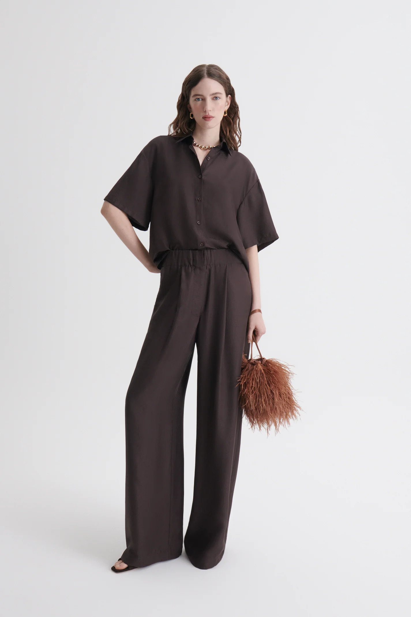 SILK JACQUARD CROP SHIRT - ESPRESSO - Scanlan Theodore | Scanlan Theodore AU