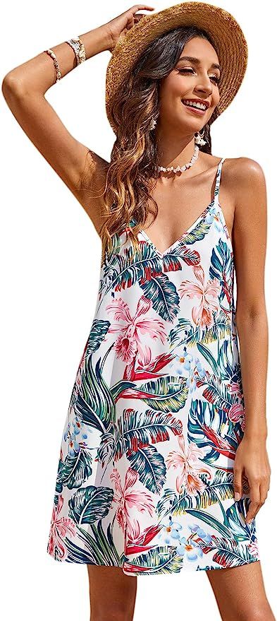 Milumia Women's Boho Tropical Print Double V Neck Sleeveless Summer Short Cami Dress | Amazon (US)