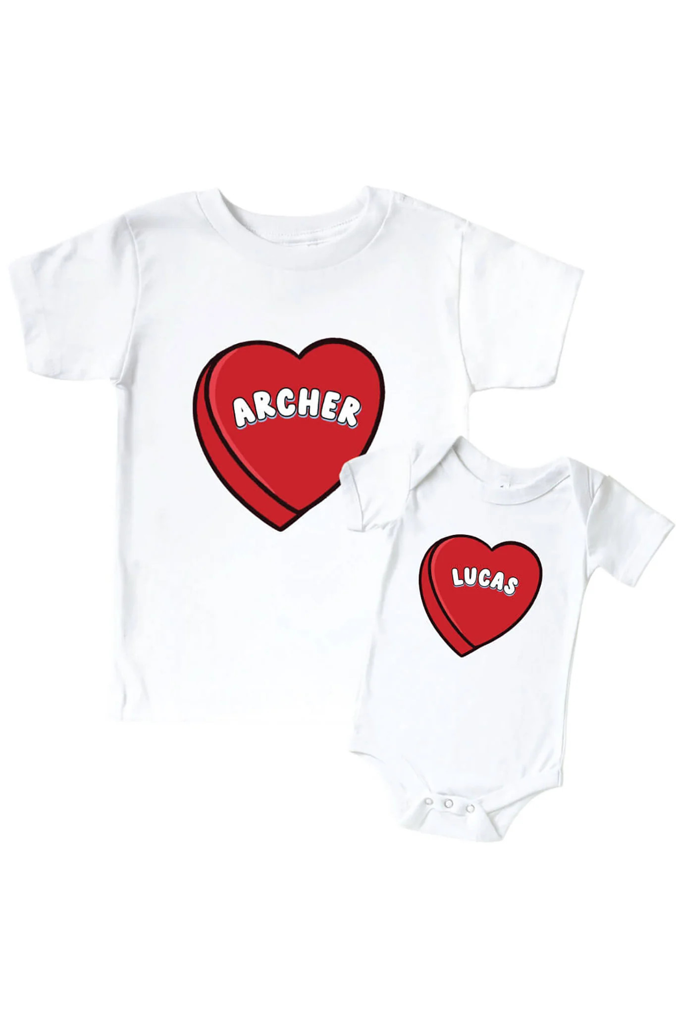 Personalized Red Candy Heart Graphic Bodysuit & Kids Tee | White | Caden Lane