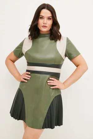 Plus Size Leather Colour Block Pleated Mini Dress | Karen Millen US
