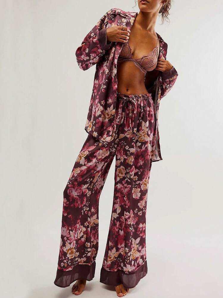 Womens Y2k Silk Pajame Sets Floral Print Long Sleeve Button Down Shirt Wide Leg Pants Satin Girly Western Pajames 2 Piece Loungewear | SHEIN