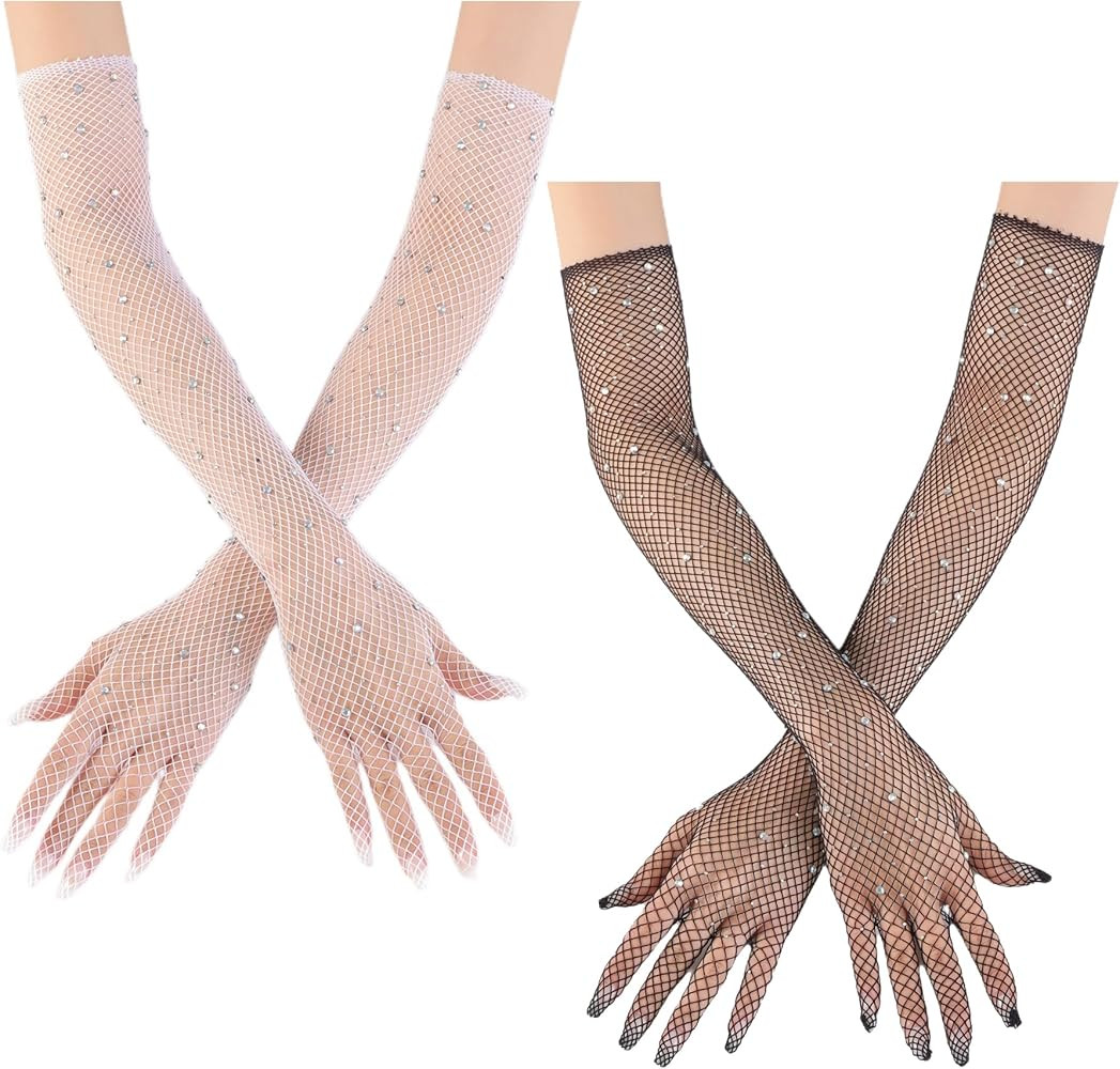 Rhinestone Fishnet Gloves Women Sparkly Rhinestone Gloves Mesh Gloves Long Gloves Fishnet Arm Sle... | Amazon (US)