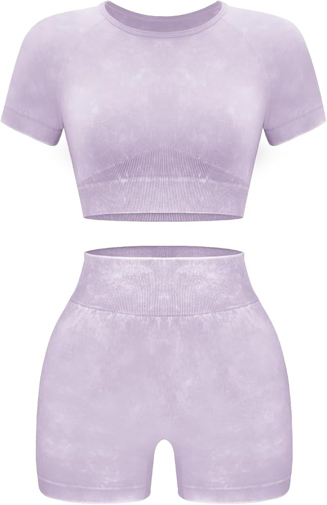 OLCHEE Womens Workout Sets 2 Piece - Seamless Acid Wash Yoga Outfits Shorts and Crop Top Matching... | Amazon (US)