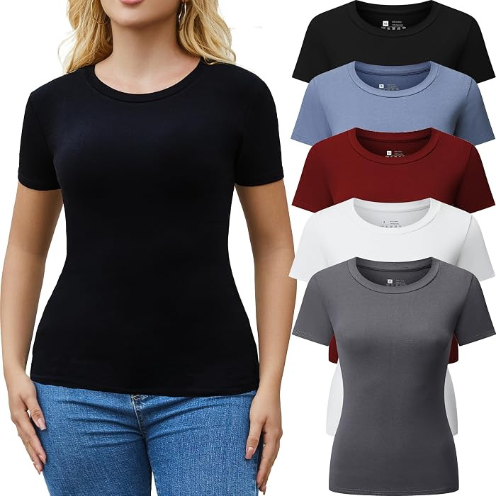 Womens Fitted T Shirts 5 Pack Stretchy Crew Neck Short Sleeve Tops | Amazon (US)