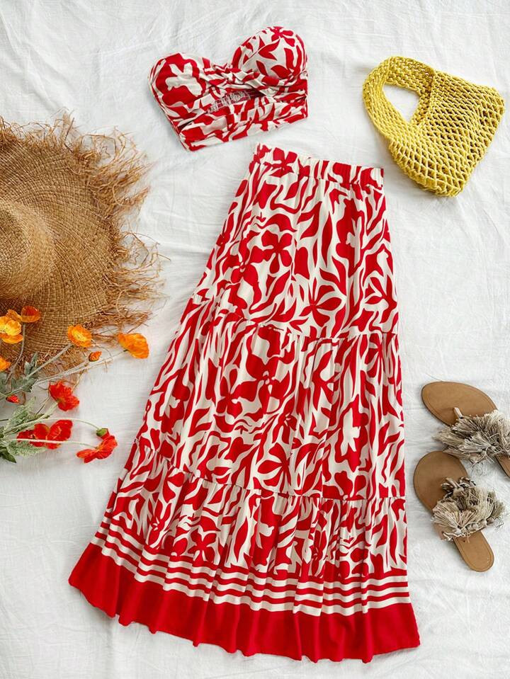 Soleia WYWH Women's Holiday Red Floral Printed Strapless Skirt With Beach Vacation 2-Piece Set, Long Skirt And Crop Top, Summer | SHEIN