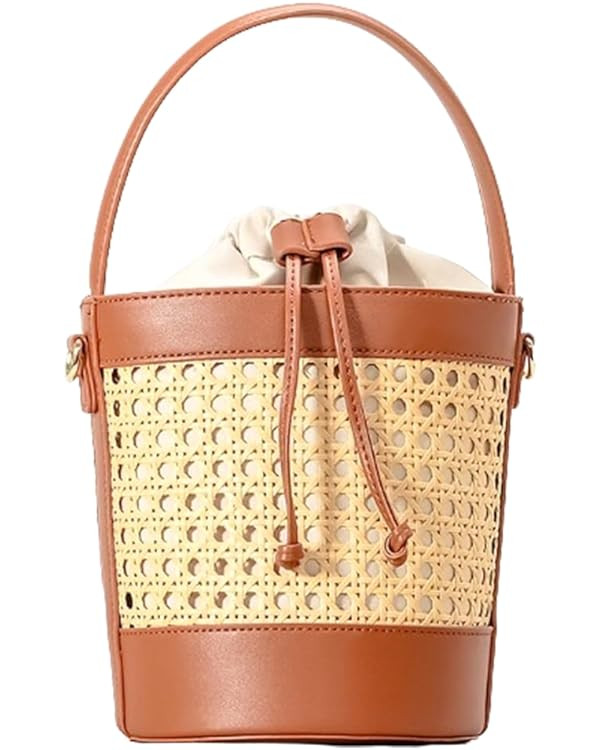 Rattan Bucket Bag for Women Straw Beach Bag Drawstring Crossbody Purse PU Leather Summer Shoulder... | Amazon (US)