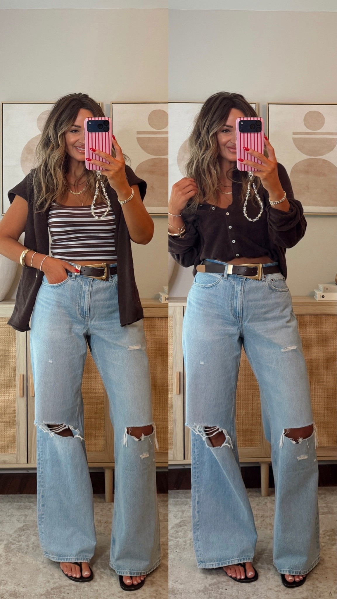 one pair of jeans styled two ways 👀🤎 size S top, cardigan + 26 curve love long denim. these are a little loose on me, i think i could size down to a 25. **this style naturally runs a little bigger! abercrombie, abercrombie denim, abercrombie style @abercrombie

#LTKootd