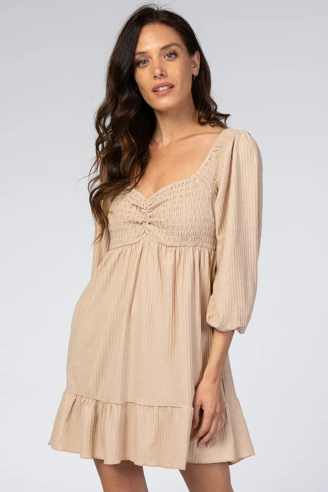 Beige Textured Stripe Sweetheart Neck Dress | PinkBlush Maternity