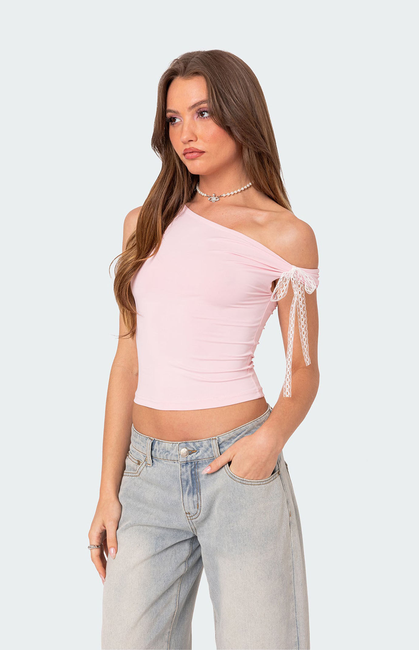 Edikted Women's Lace Bow Asymmetric Top in Pink - Size Medium | PacSun