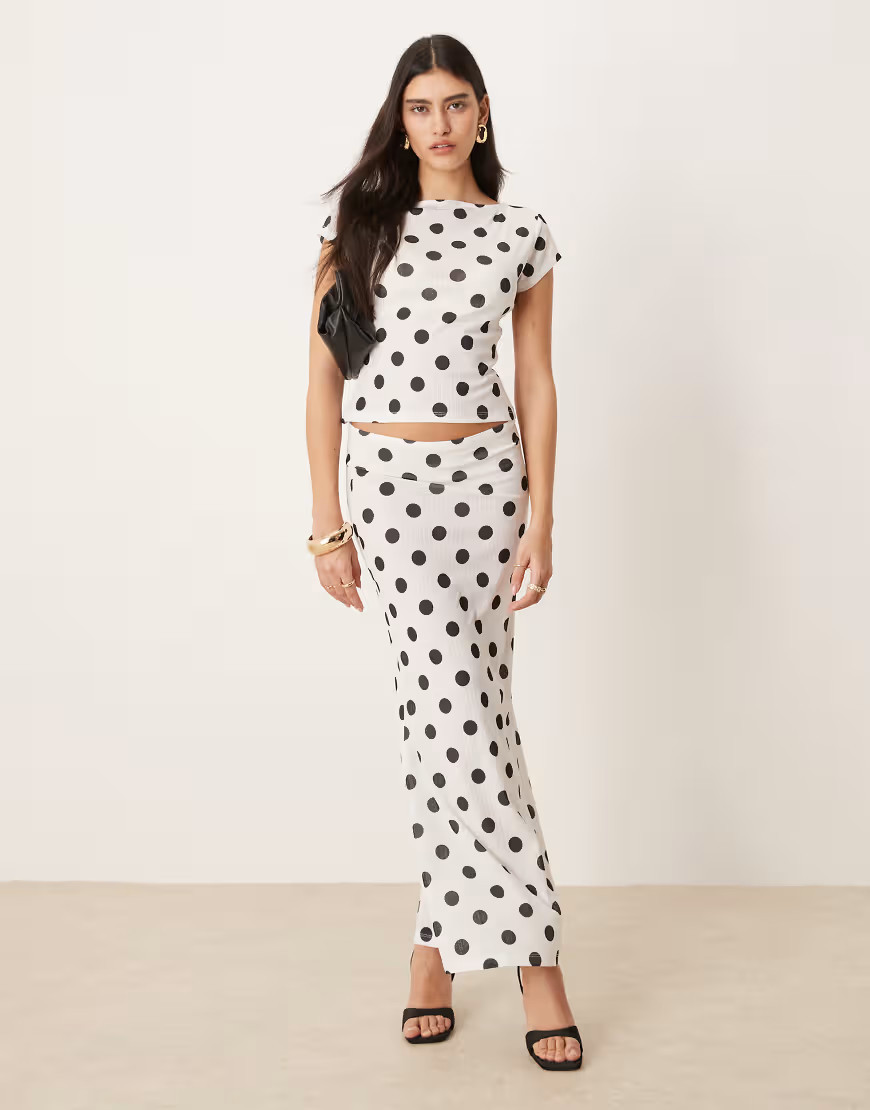 ASOS DESIGN polka dot printed dry handle rib maxi low rise skirt in ecru-White | ASOS (Global)