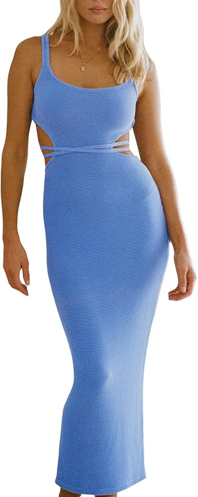 NUFIWI Women Backless Hollow Out Long Dress Sexy Tube Top Maxi Dress Bodycon Spaghetti Strap Cock... | Amazon (US)