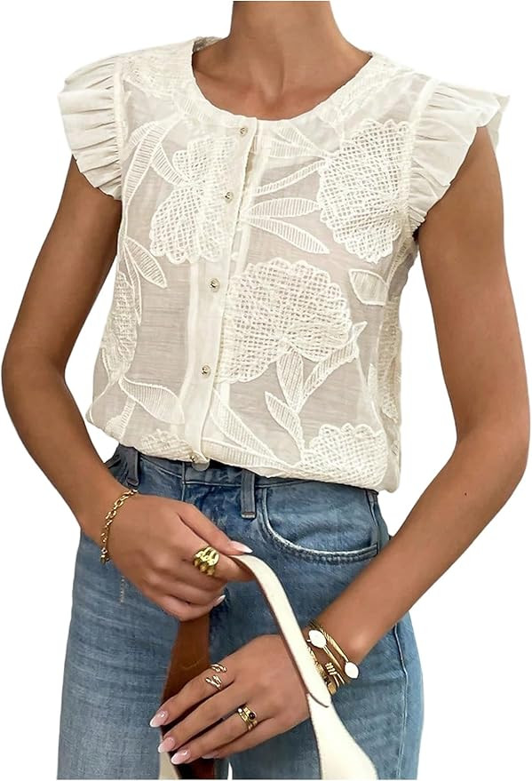 GORGLITTER Women's Flower Button Up Vintage Eyelet Blouse Dressy Casual Sleeveless Boho Cute Embr... | Amazon (US)