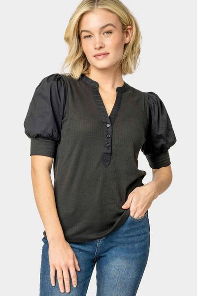 Mixed Media Henley Top with Puff Sleeve | Gibson