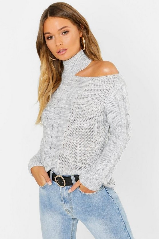 Cable Knit Cut Out Shoulder Sweater | Boohoo.com (US & CA)