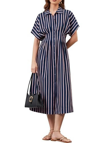 Dsewpaur Striped Button Front Pleated Shirt Maxi Dress for Women Summer Short Sleeve Collar V Neck Corset Long Dress Navy | Amazon (US)