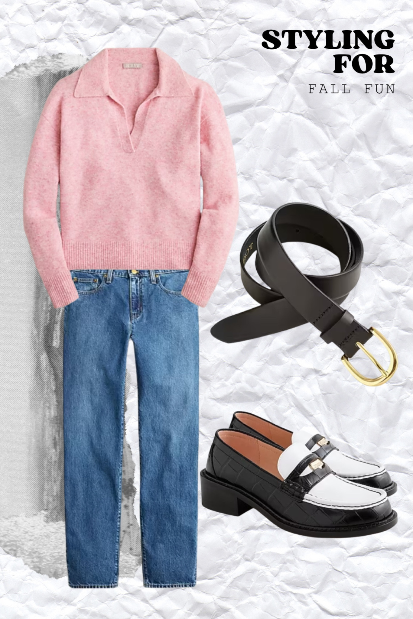 It's officially sweater weather! J.Crew's Collared V-Neck Sweater pairs perfectly with Slouchy-Straight Jeans, Coin Loafers, and a Classic Leather Belt for a cozy yet chic fall look. 🧥👖🍂 #SweaterSeason #JCREW