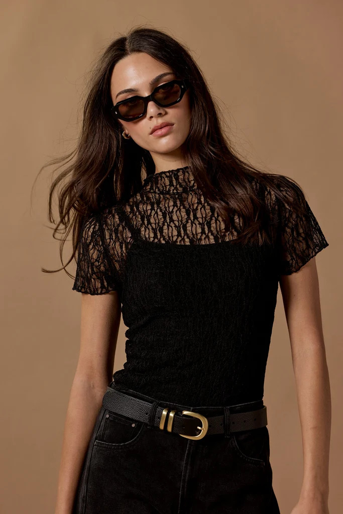 Providing Black Lace Short Sleeve Top | Flo & Frankie