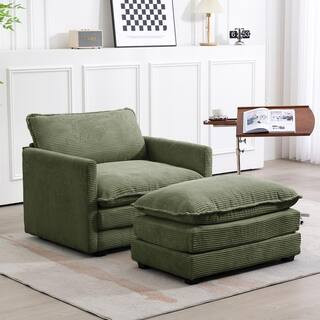 Modern Avocado Green Corduroy Accent Armchair with Ottoman for Living | The Home Depot
