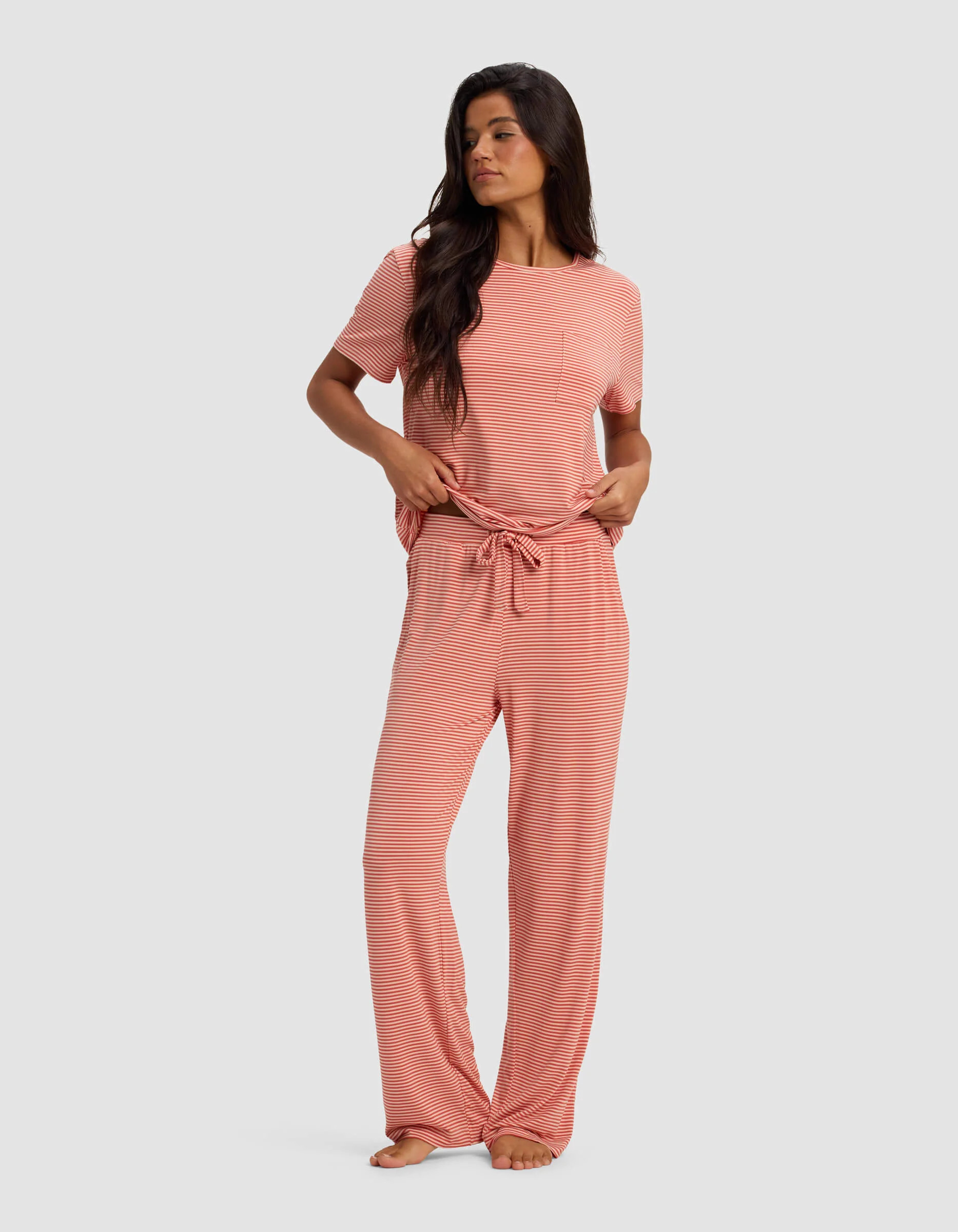 Women's Bamboo Viscose Stretch-Knit Lounge T-Shirt & Pants Set in Sunset Mini Stripe (Size: Large) - Cozy Earth | Cozy Earth
