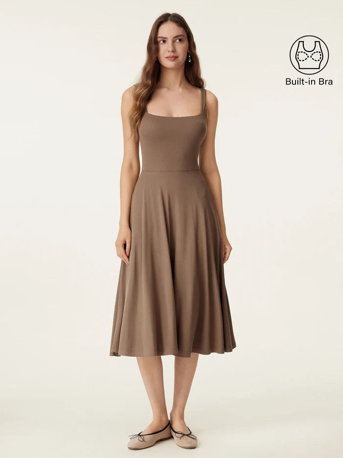 Square Neck Flowy New Airy Bra Midi Dress | OGLmove