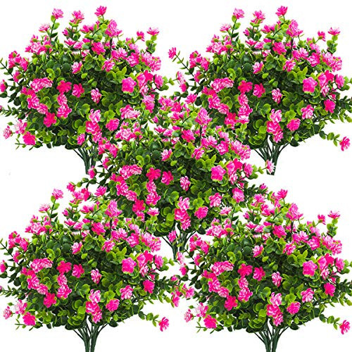 Grunyia 10 Bundles Artificial Fake Flowers, Faux Outdoor Plastic Plants UV Resistant Shrubs Outside Indoor Decorations (Pink-Eucalyptus) | Amazon (US)
