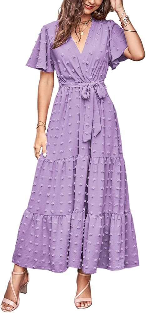 MASCOMODA Womens Boho Swiss Dot Maxi Dresses Wrap V Neck Flutter Short Sleeve Solid Tie Belt A Li... | Amazon (US)