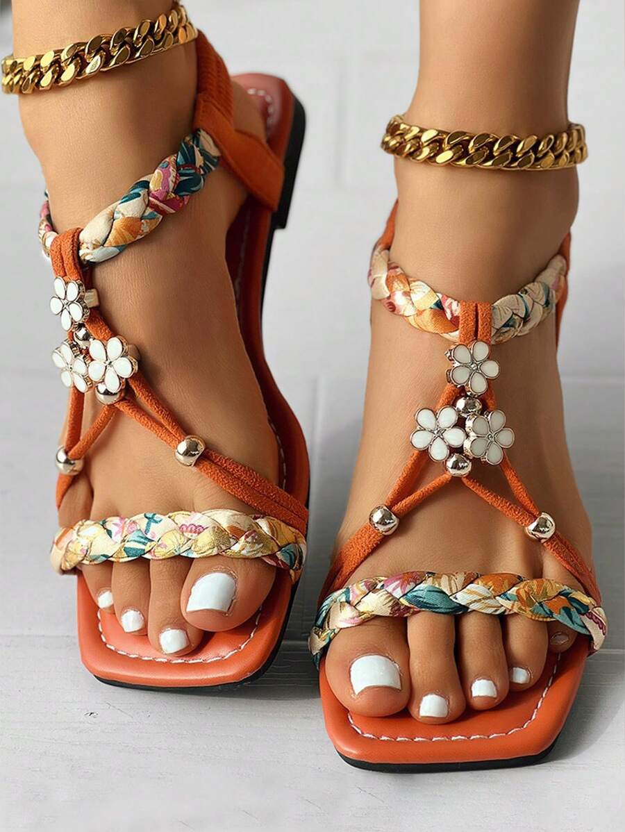 Women's Beaded Roman Bohemian Style Orange Flat Sandals For Beach Holiday Shoes  Sandals | SHEIN