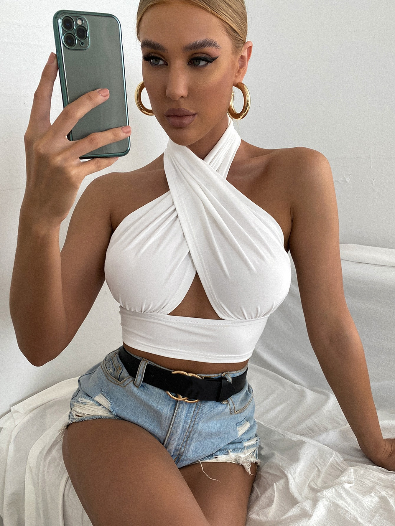 SHEIN BAE Solid Cross Crop Halter Top | SHEIN
