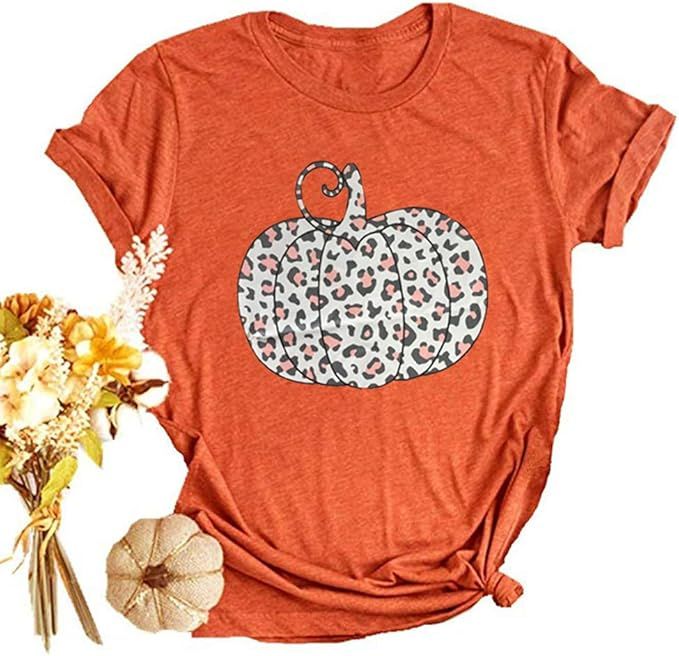 Woffccrd Womens Funny Leopard Pumpkin Printed Shirts Halloween Short Sleeve Graphic Tees Fall T-S... | Amazon (US)