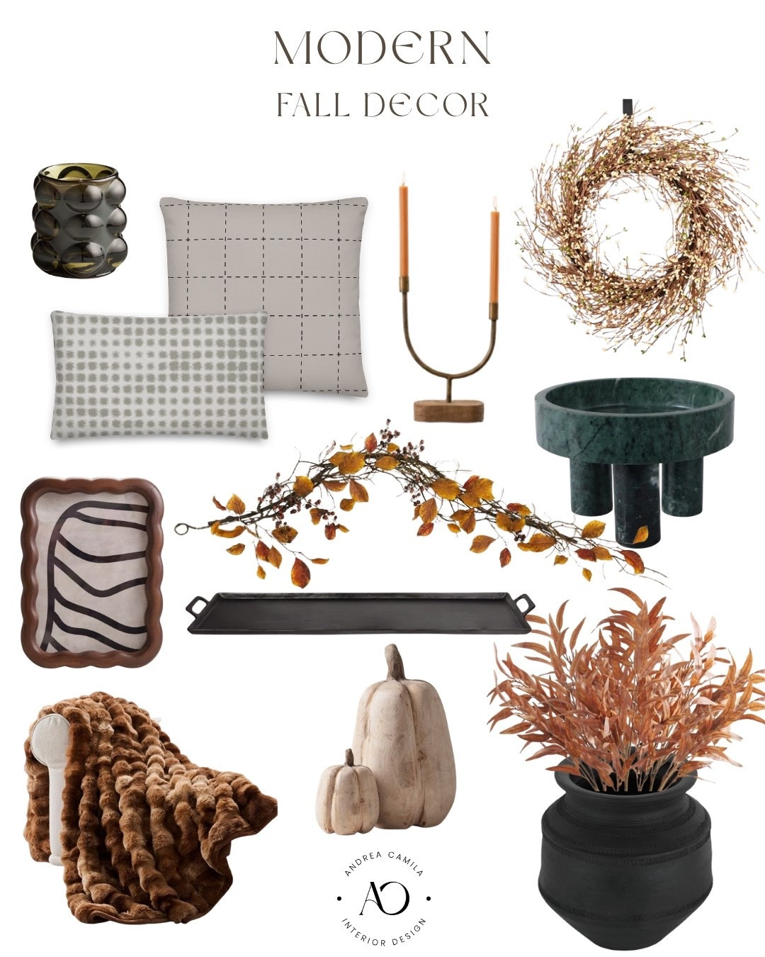 Modern fall decor. Eucalyptus faux stems. Black terracotta table vase. Carved mango wood pumpkins figurines. Aluminum decorative metal tray. Faux fur weighted throw blanket. Rubberwood wavy wood picture frame. Faux fall garland. Genuine marble decorative bowl. Iron candlestick holder. Fall wreath. Spiked pear glass candles

#LTKSeasonal #LTKActive #LTKHome