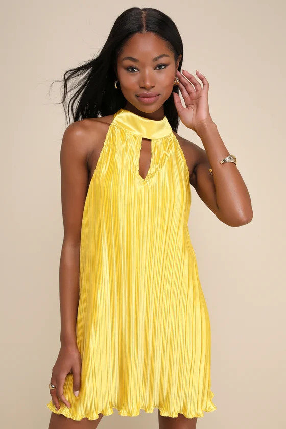 Pretty Aura Yellow Satin Plisse Mock Neck Mini Swing Dress | Lulus