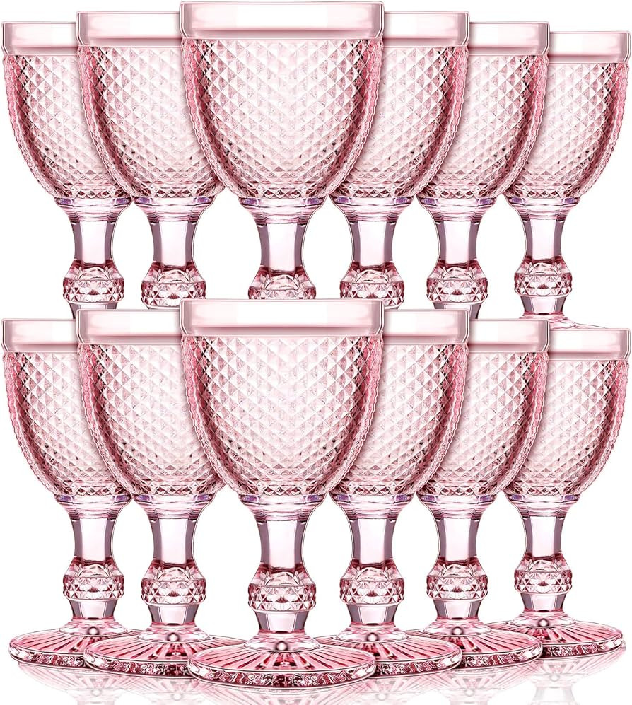 Bokon 12 Pack Pink Glass Goblets Set 10 oz High Clear Wine Glass Vintage Water Goblets Cups Embos... | Amazon (US)