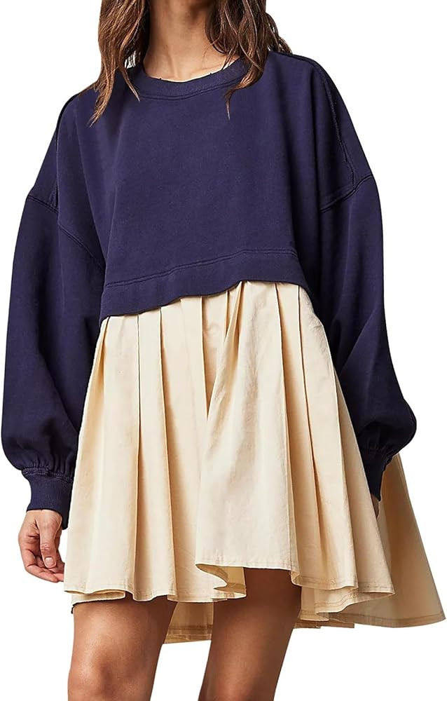 Sweatshirt Dress Women Oversized Patchwork Crewneck Long Sleeve Pullover Tops Fall Casual Flowy P... | Amazon (US)