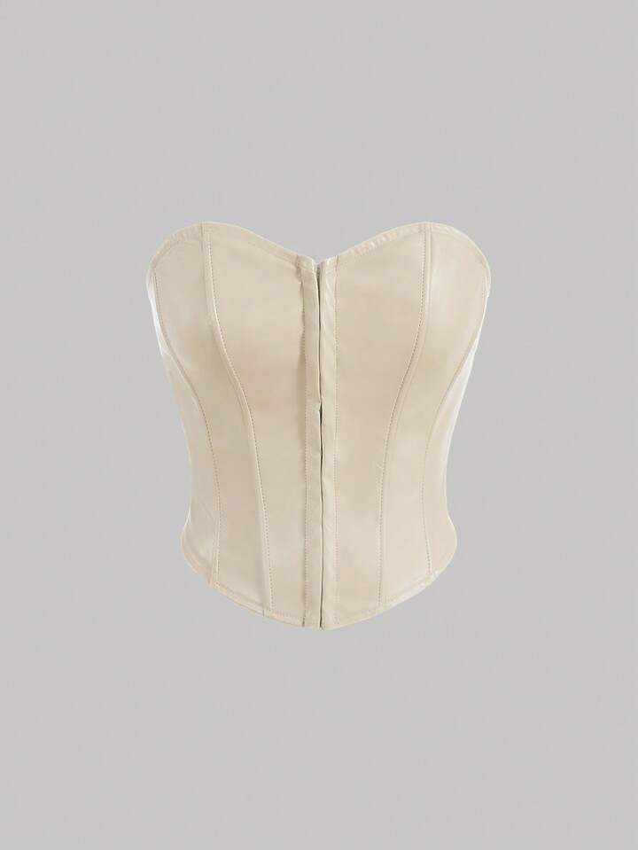 SHEIN MOD Solid Hook And Eye Front Tube Apricot Leather Tight Tube Corset Top | SHEIN