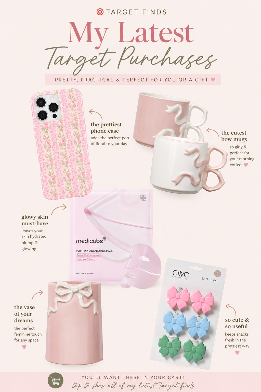 Target finds that are actually worth buying! 🎀

If you're searching for the best Target finds, these are my latest favorites! I picked up the cutest Target home decor, viral bow mugs, a gorgeous floral phone case, the Medicube collagen mask, adorable bag clips, and a pink bow vase that instantly elevates any space.

These are affordable Target finds that are both practical and aesthetic—perfect if you love cozy, feminine decor, self-care essentials, and everyday products that make life feel a little more special.

#LTKU #LTKHome #LTKBeauty