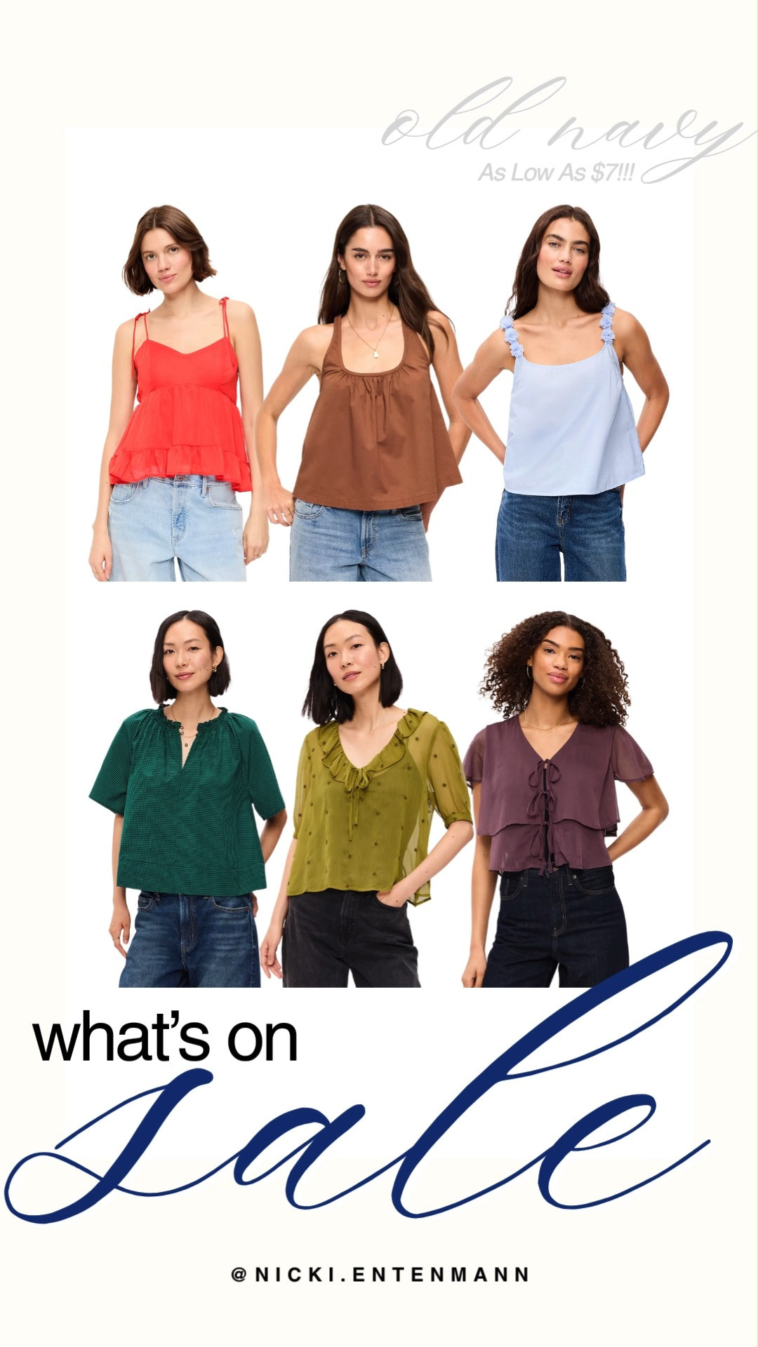 Refresh your seasonal rotation with budget-friendly Old Navy top deals starting at just $7! This sale selection includes breezy camis and elevated blouses featuring ruffled trims, tie fronts, and lightweight fabrics in vibrant red, warm brown, soft blue, forest green, olive, and dusty mauve. Pair them easily with classic denim for an effortless preppy-casual look.

#oldnavy #oldnavystyle #whatsonsale #fallfashion #budgetfinds #everydaystyle #outfitinspiration 

 #LTKootd #LTKSaleAlert #LTKTravel