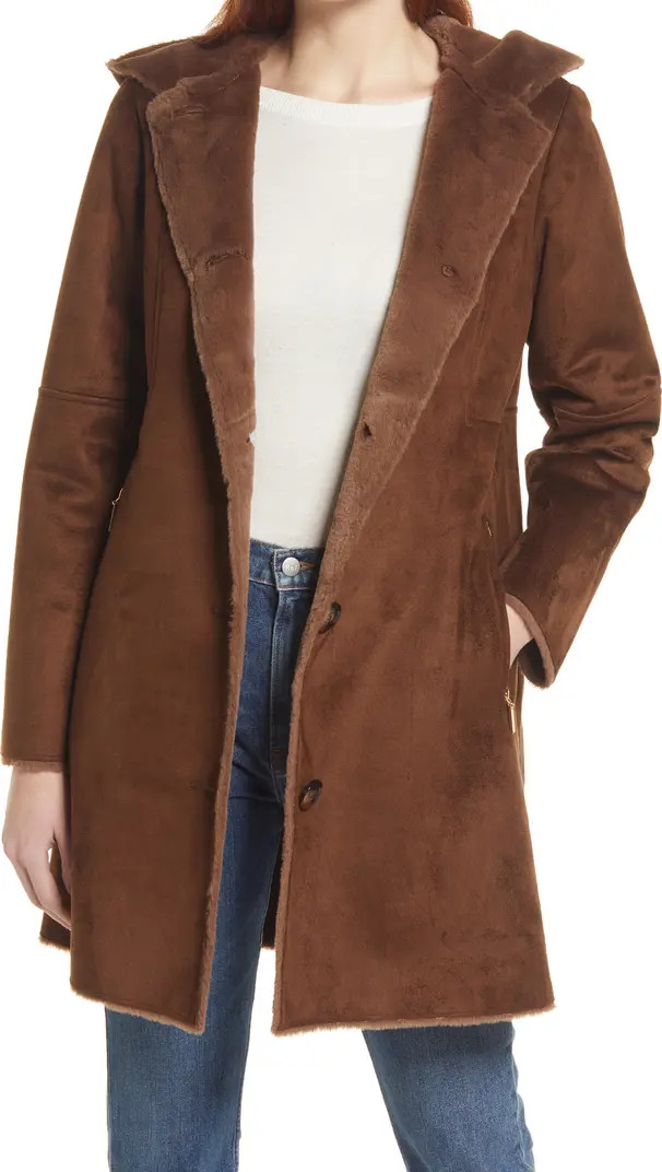 Hooded Faux Shearling Long A-Line Coat | Nordstrom