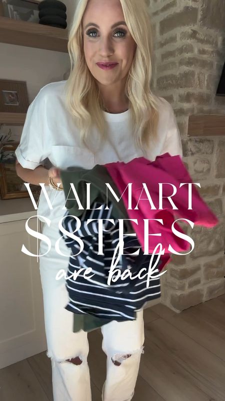 $8 Walmart tees are back! They have a great boxy fit and are a thicker material. Just a good throw on with shorts, jeans, skirts, to lounge, you name it! I am wearing a size M. They come in 4 colors and are currently fully stocked 

#LTKFindsUnder100 #LTKFindsUnder50 #LTKStyleTip