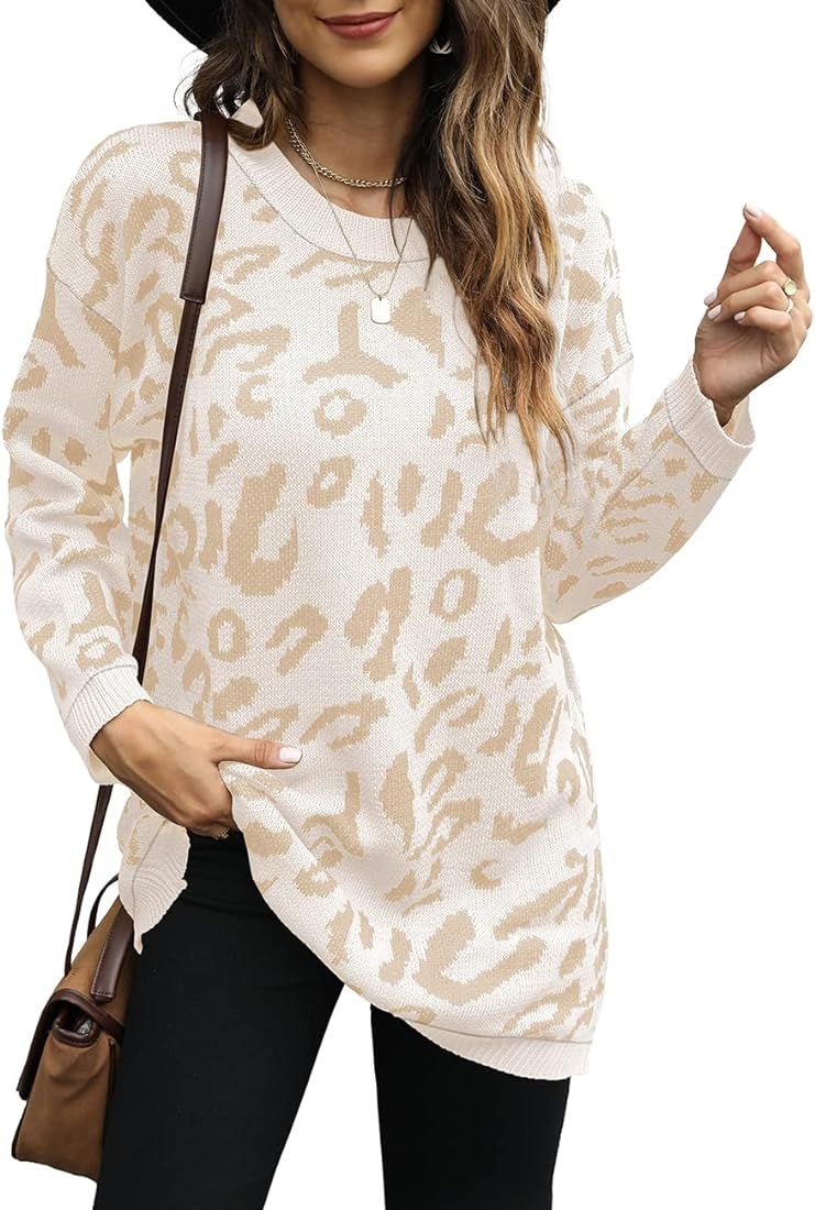 Bofell Women's Leopard Print Oversized Crew Neck Trendy Knitted Pullover Sweater Tops | Amazon (US)