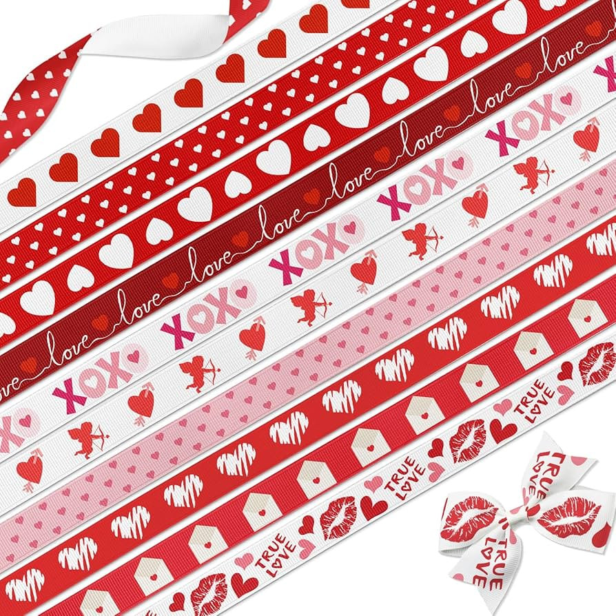 Valentine's Day Grosgrain Ribbon, 10 Rolls 3/8" x 3 Yards Heart Love Cupid Patterns, Red Pink Rib... | Amazon (US)