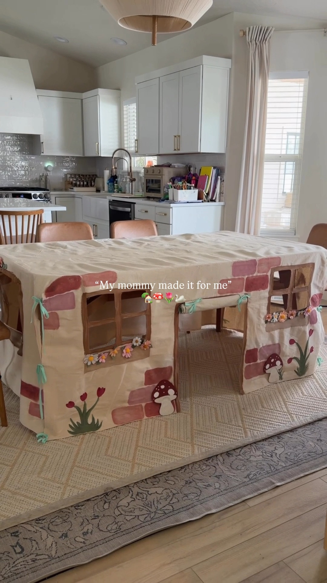 ￼ Making a table tent is super easy! All you need is a drop cloth, some ribbon, and paint!

I used a 9 x 12 drop cloth, but you will base this off the size of your table! You are going to lay your drop cloth out flat and trim it to fit the dimensions of your table. Then you are going to cut out a square at each corner. If your table is 3 feet tall then you will cut a 3‘ x 3‘ square out of each corner of the drop cloth. This allows the fabric too lay flat when you put it over the table.

Next, you’re going to cut out your windows and your door. Once you have everything cut out, you are either going to use hot glue or stitch witchery to fold over and adhere all of your edges down. This will keep all of your edges from fraying!

You can either use fabric paint or you can mix acrylic paint with fabric medium. Fabric medium keeps your paint from cracking! Once your paint is ready, you are going to paint on your design. I drew my design in pencil first and then painted it.

You are going to use ribbon to tie all of the corners together. You can either cut out a circle to do this or you can use a fabric hole punch. You can also skip this step if you don’t want your corners tied. For the door, I also added ribbon to the top so that the kids could keep their door tied open.

Finally, I added, felt flowers to mine and used Velcro dots to adhere them. I did this so that the kids could pick flowers and put them back on!

#LTKmomlife #LTKKids