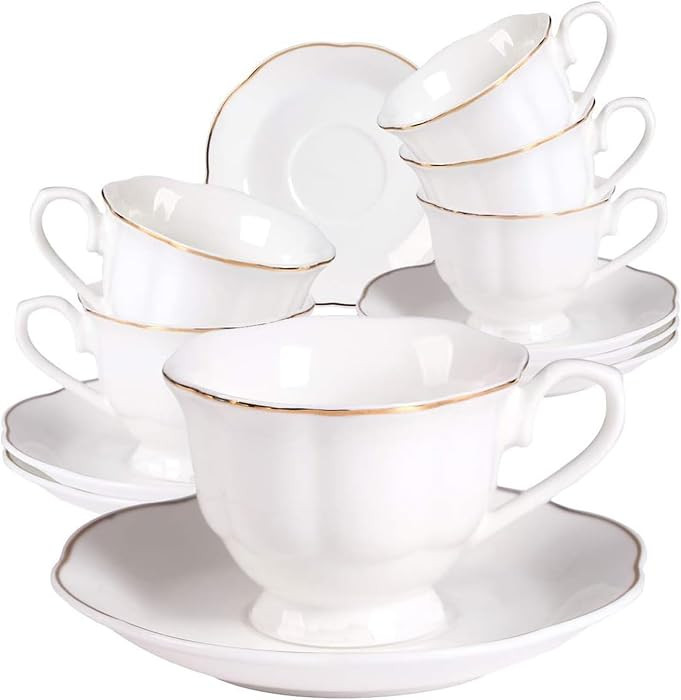 Guangyang 12 Pieces Tea Cup set Fine Porcelain 6oz Cup and Saucer set of 6 for Cappuccino Tea Flat White Coffee | Amazon (US)