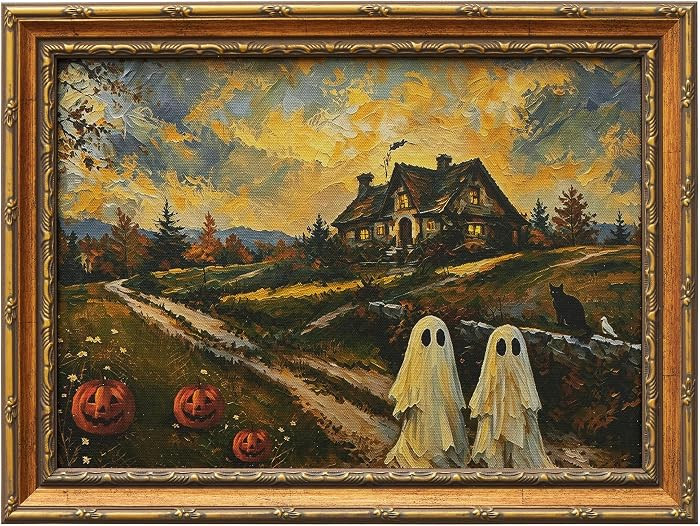 QIESIDM Framed Vintage Halloween Ghost Canvas Wall Art, Cute Ghosts in Autumn Countryside with Pu... | Amazon (US)