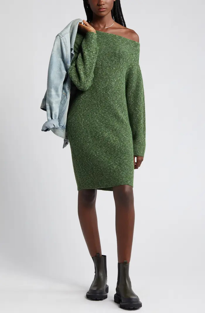 One-Shoulder Long Sleeve Rib Sweater Dress | Nordstrom