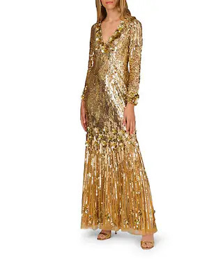 Sequin V Neck Long Sleeve Gown | Dillard's